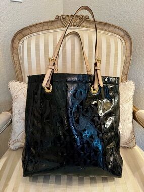Michael Kors Black Patent Tote with Tan Handles